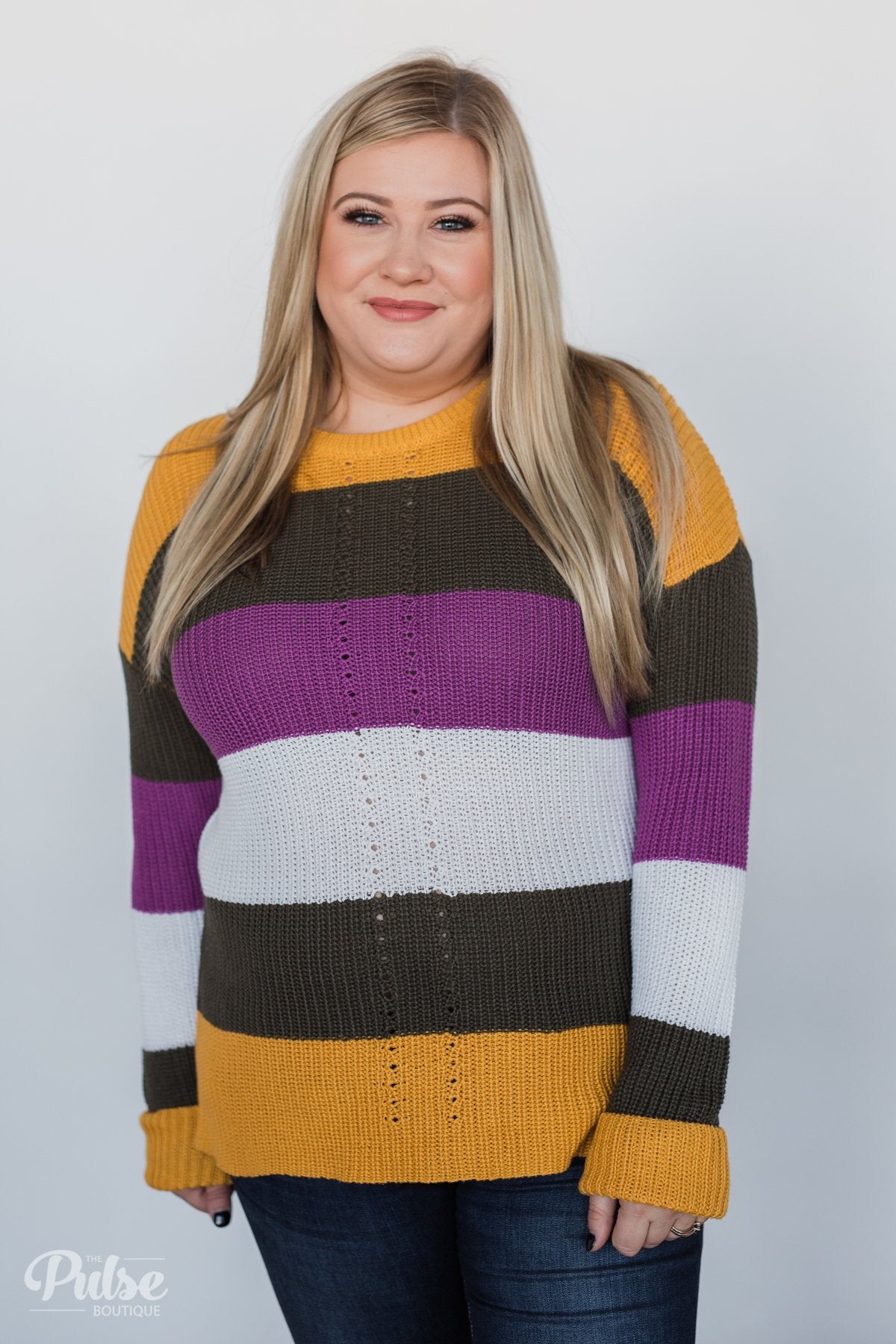 The Way to You Knitted Sweater- Mustard, Olive, & Purple