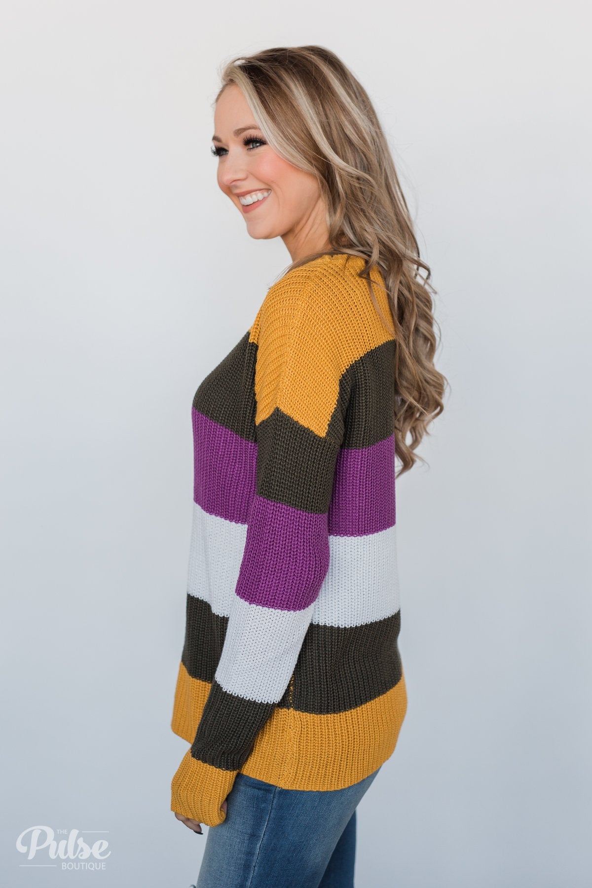 The Way to You Knitted Sweater- Mustard, Olive, & Purple