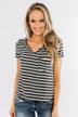 This is Me Striped Notch Pocket Top- Charcoal & Ivory