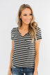 This is Me Striped Notch Pocket Top- Charcoal & Ivory