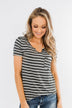 This is Me Striped Notch Pocket Top- Charcoal & Ivory
