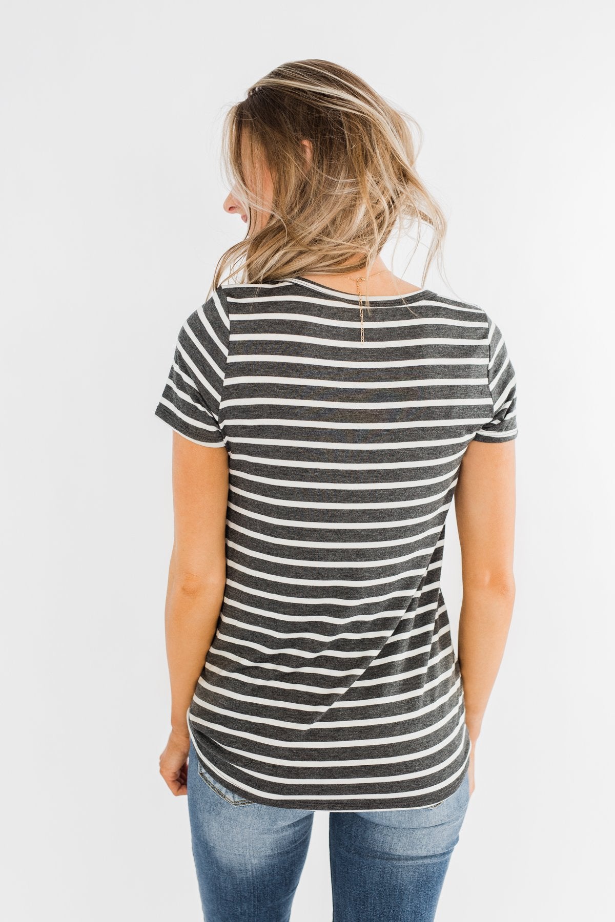 This is Me Striped Notch Pocket Top- Charcoal & Ivory