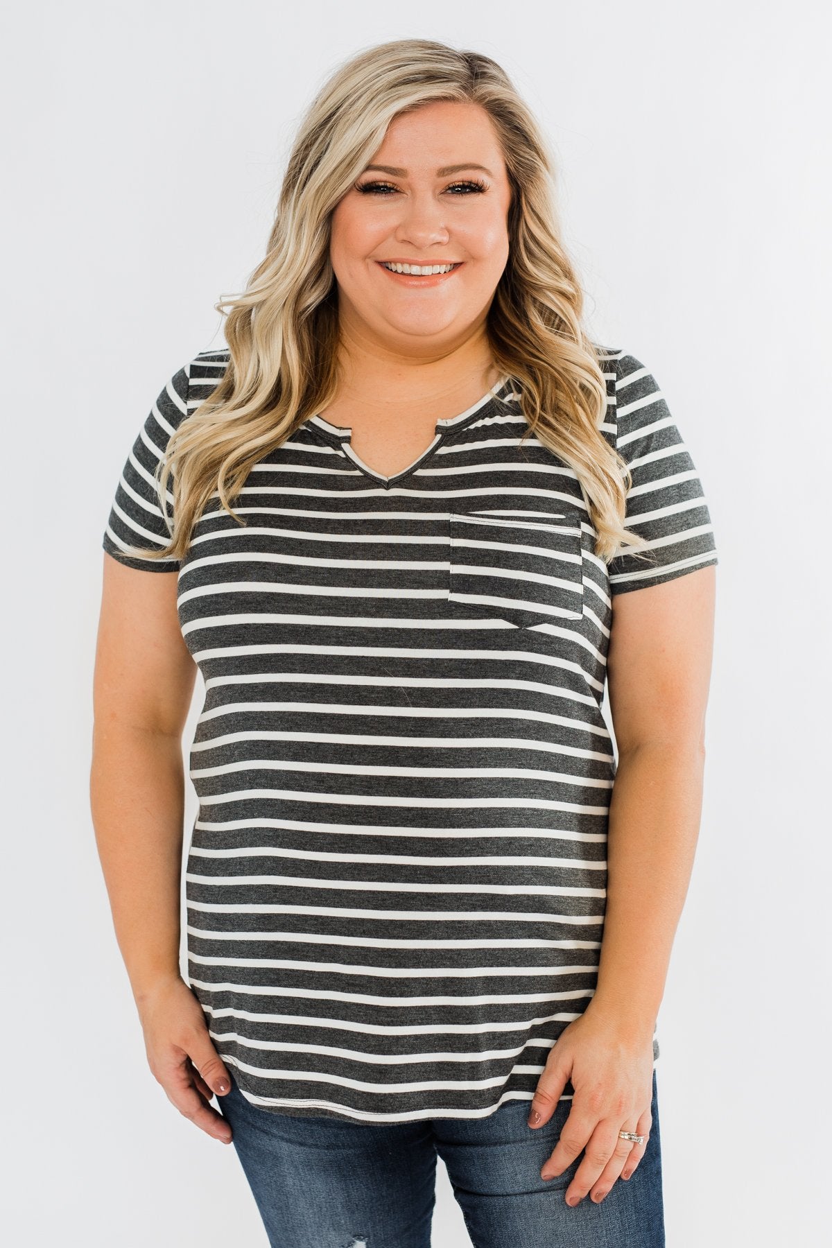 This is Me Striped Notch Pocket Top- Charcoal & Ivory