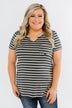This is Me Striped Notch Pocket Top- Charcoal & Ivory
