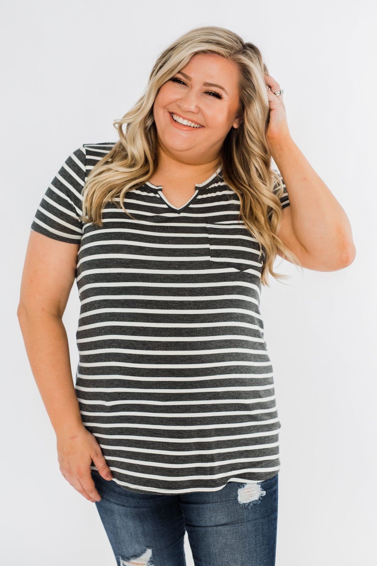 This is Me Striped Notch Pocket Top- Charcoal & Ivory