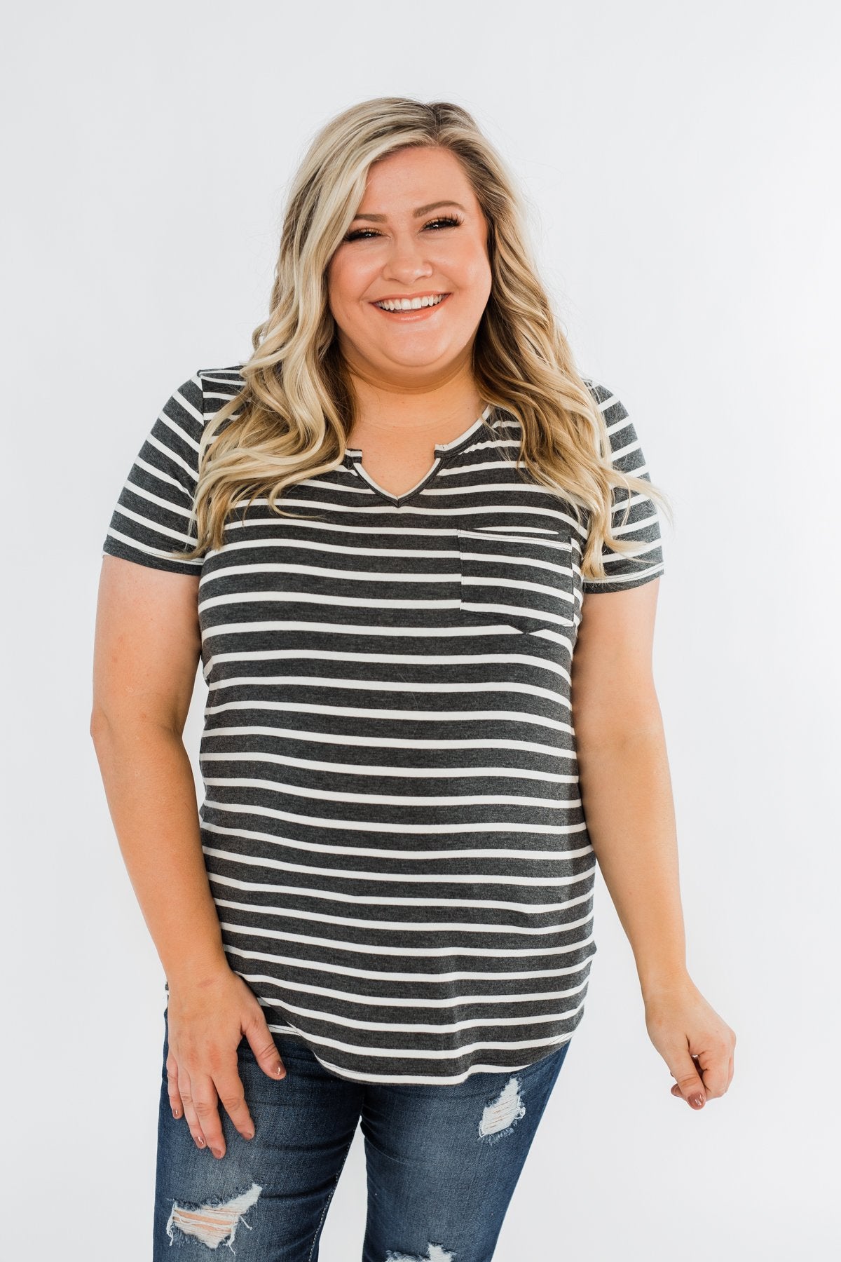 This is Me Striped Notch Pocket Top- Charcoal & Ivory