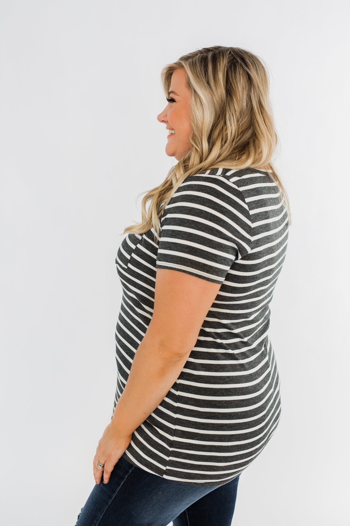 This is Me Striped Notch Pocket Top- Charcoal & Ivory