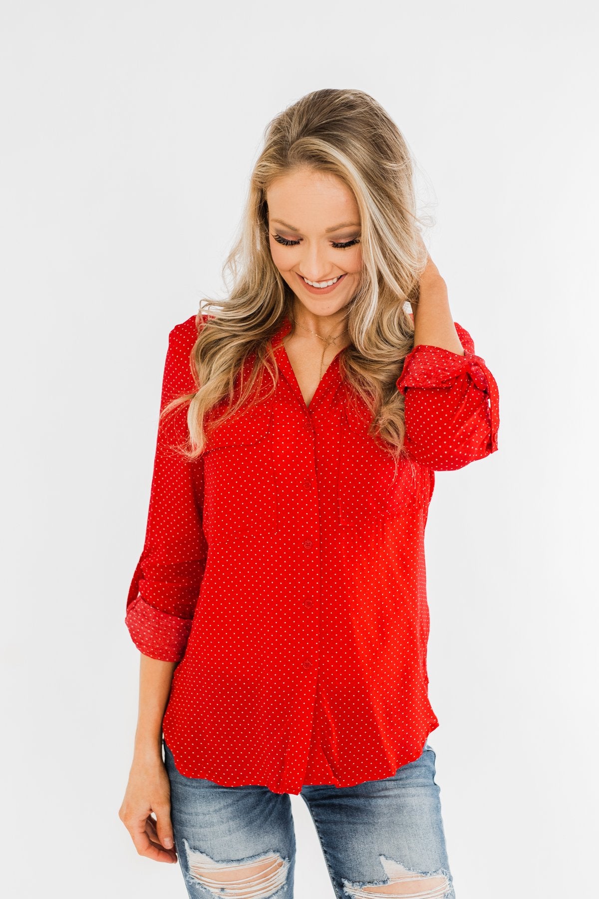 Perfect For Me Polka Dot Blouse- Lipstick Red