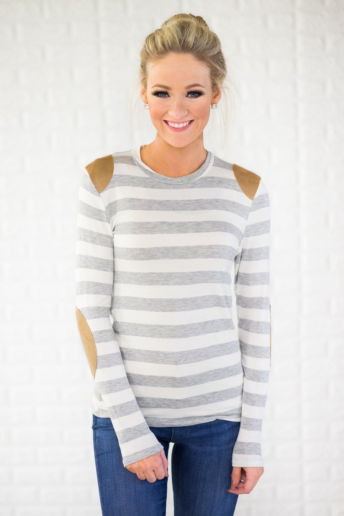 Grey Striped Elbow Patch Top
