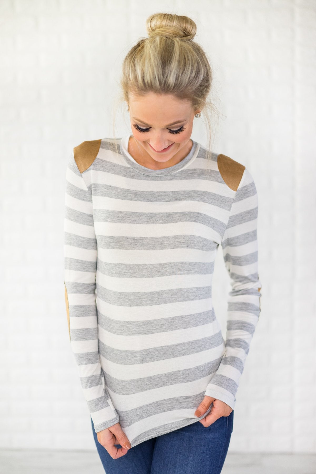 Grey Striped Elbow Patch Top