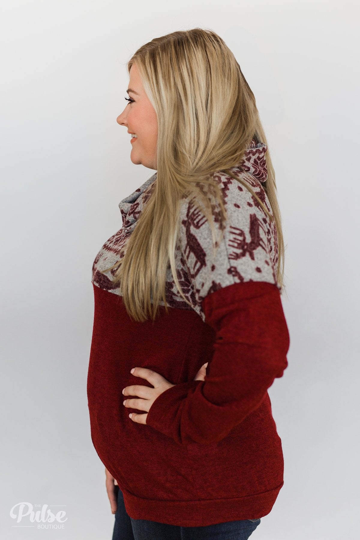 Touch of Christmas Reindeer Cowl Neck Top- Burgundy