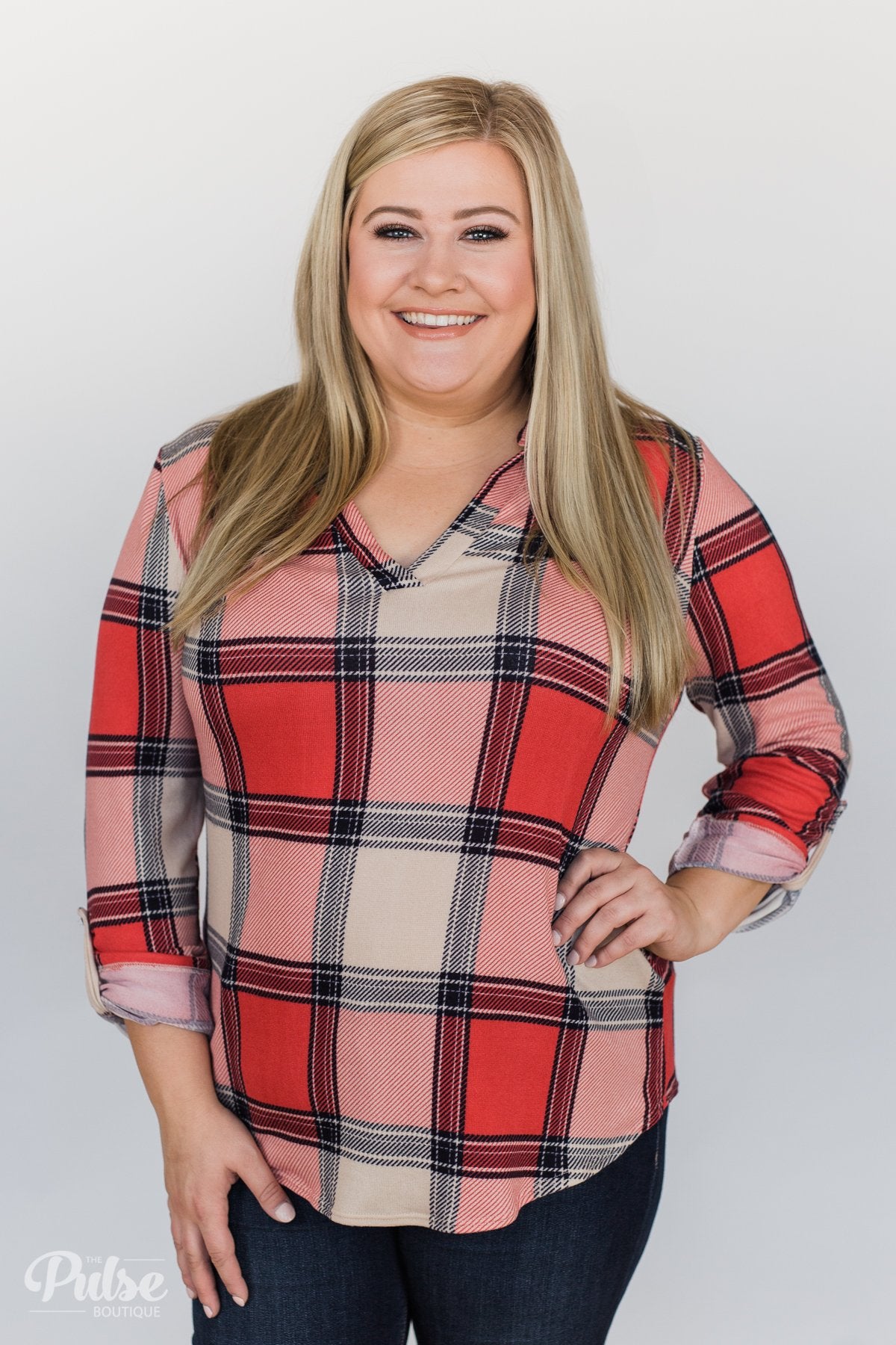 Lunch Date Plaid V-Neck Top- Red, Oatmeal, Navy