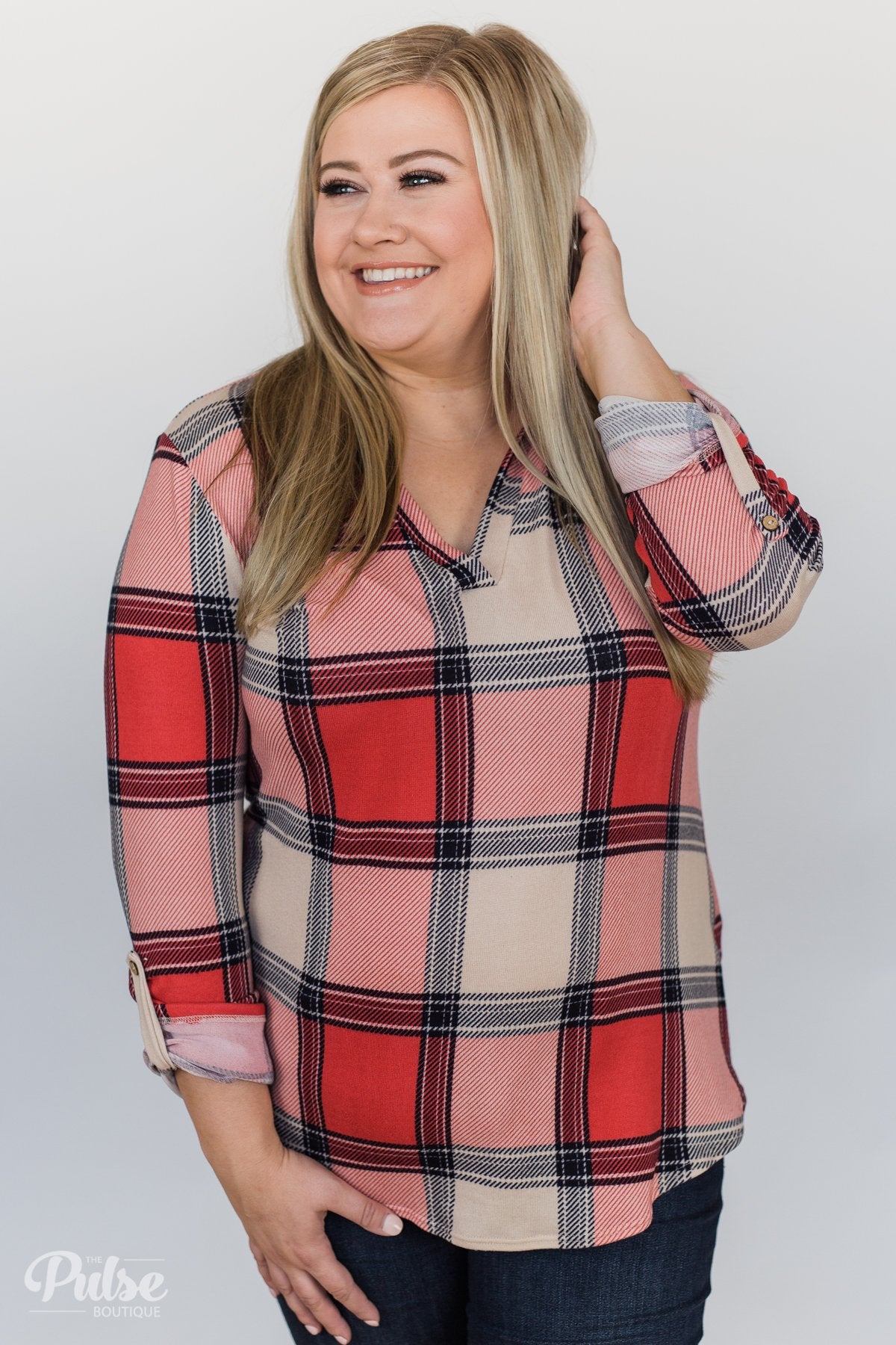 Lunch Date Plaid V-Neck Top- Red, Oatmeal, Navy