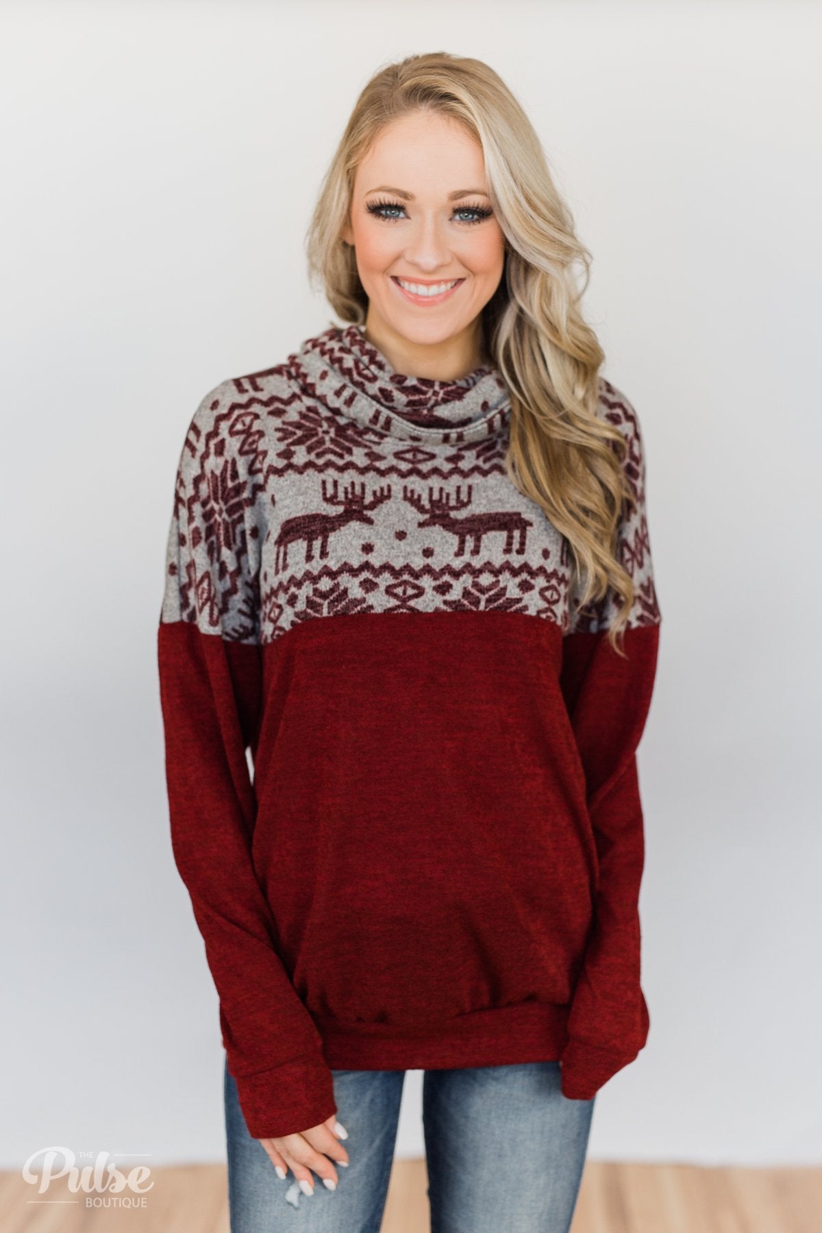 Touch of Christmas Reindeer Cowl Neck Top- Burgundy