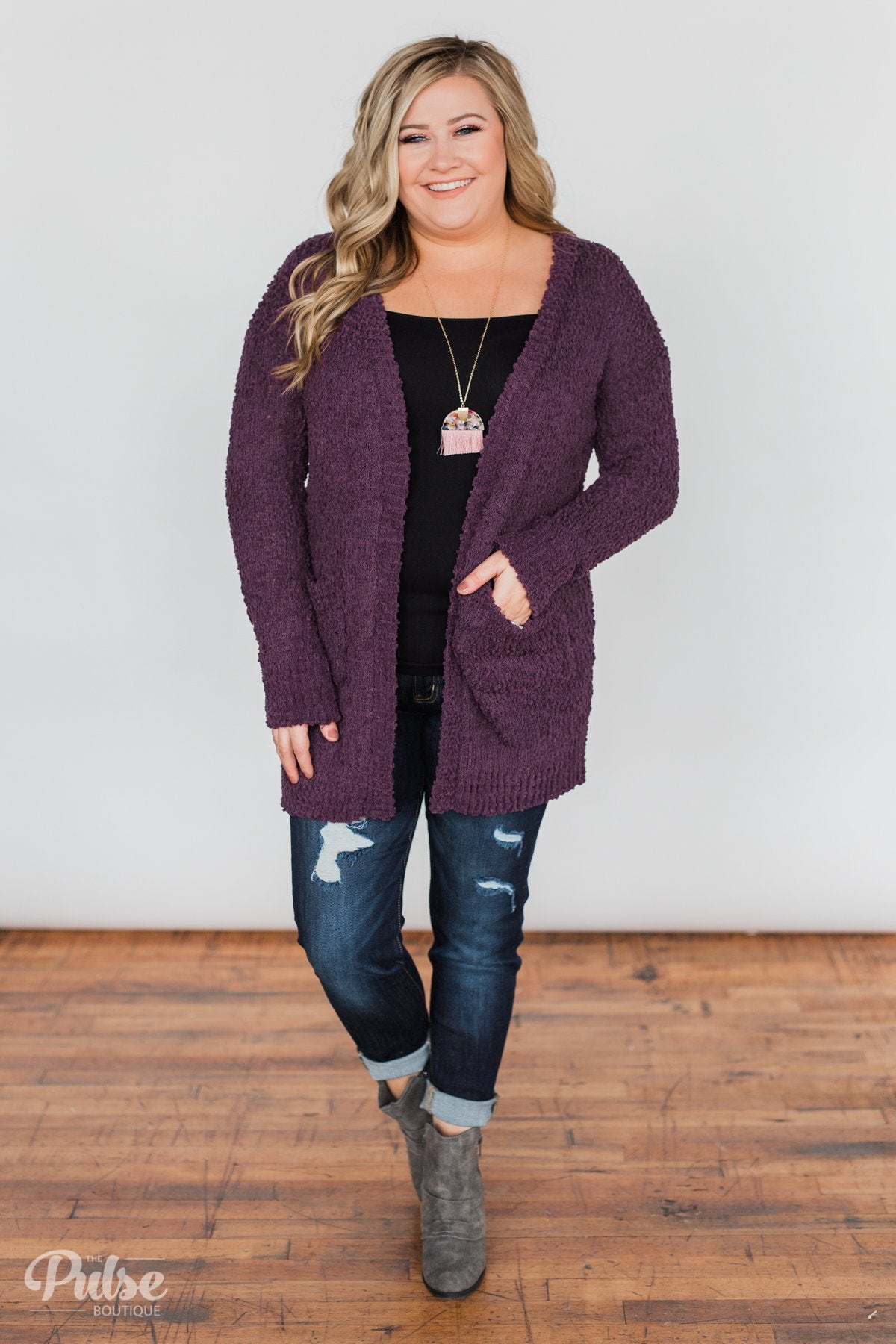 Popcorn Cardigan Eggplant The Pulse Boutique