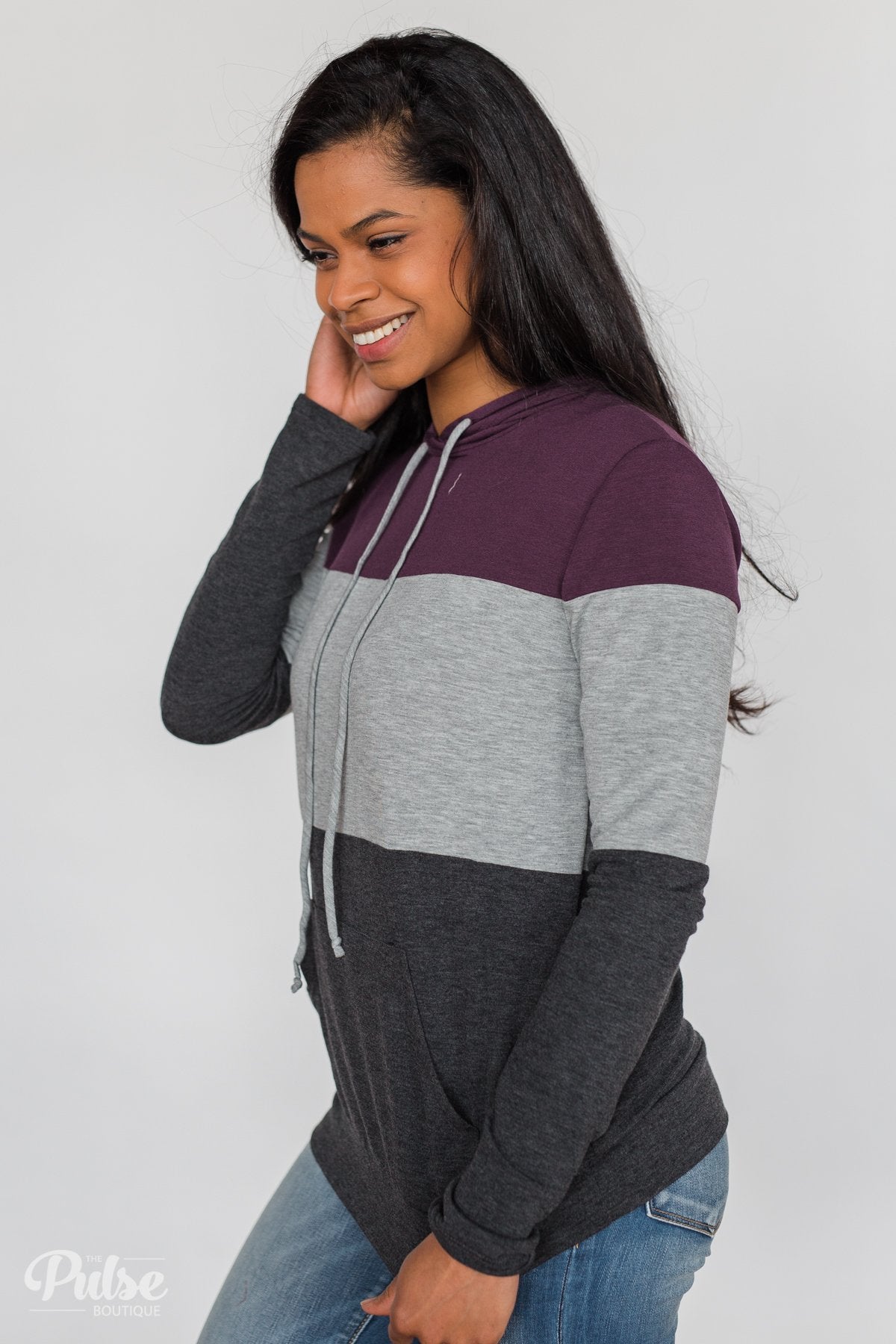 Lightweight Color Block Hoodie- Eggplant & Grey