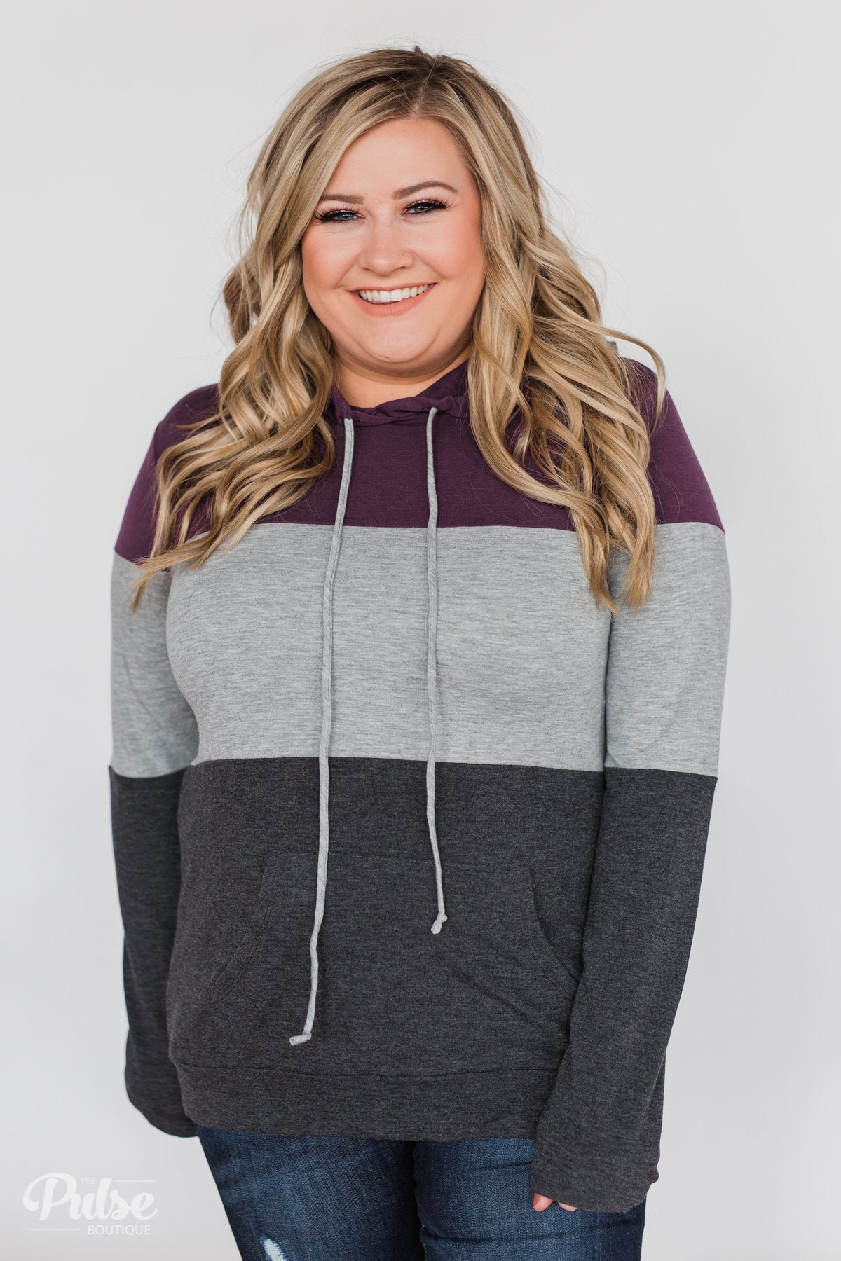 Lightweight Color Block Hoodie- Eggplant & Grey