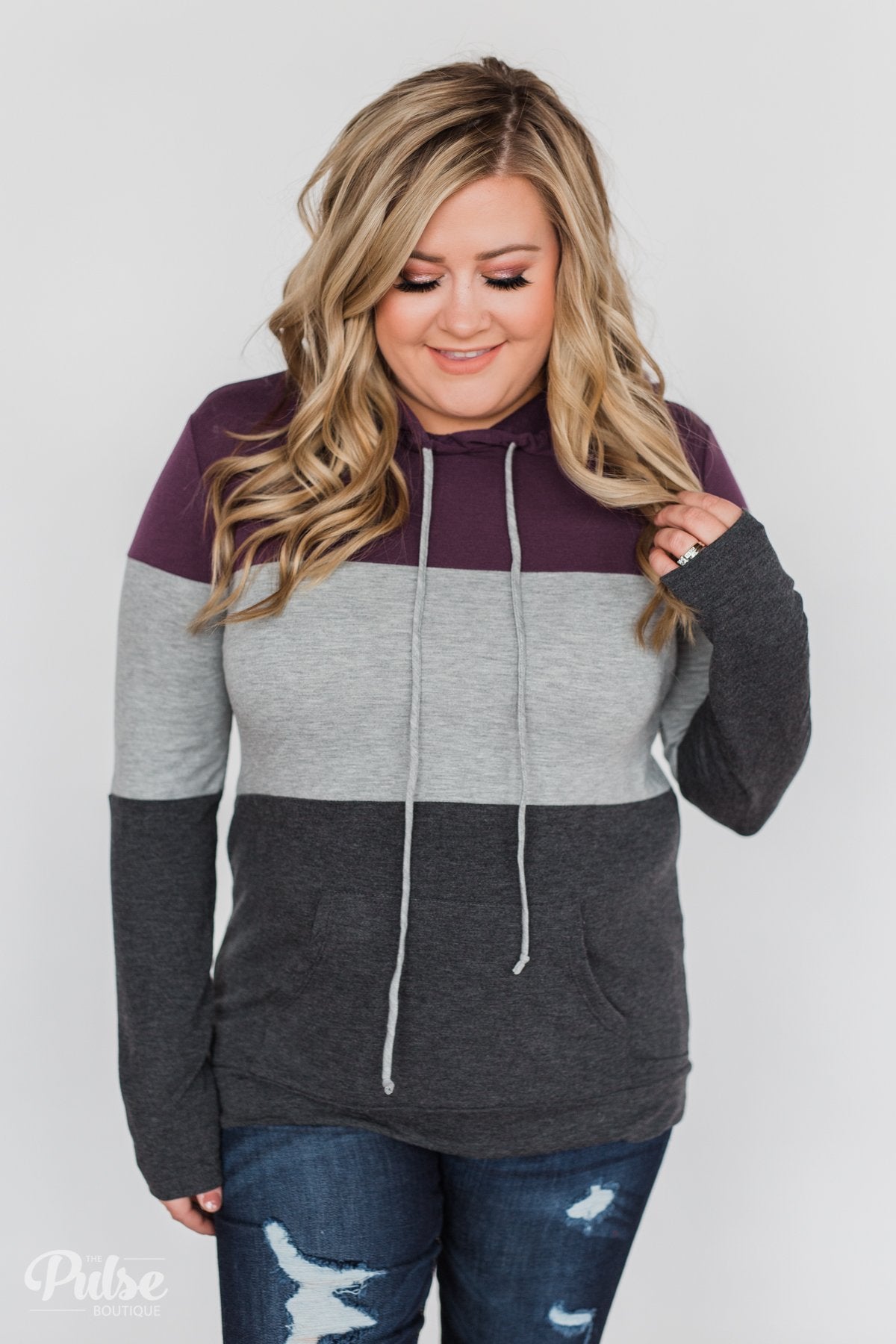 Lightweight Color Block Hoodie- Eggplant & Grey