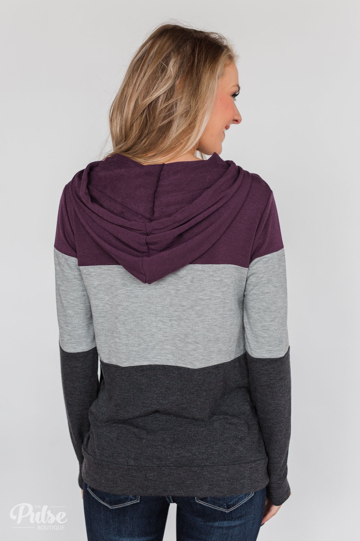 Lightweight Color Block Hoodie- Eggplant & Grey