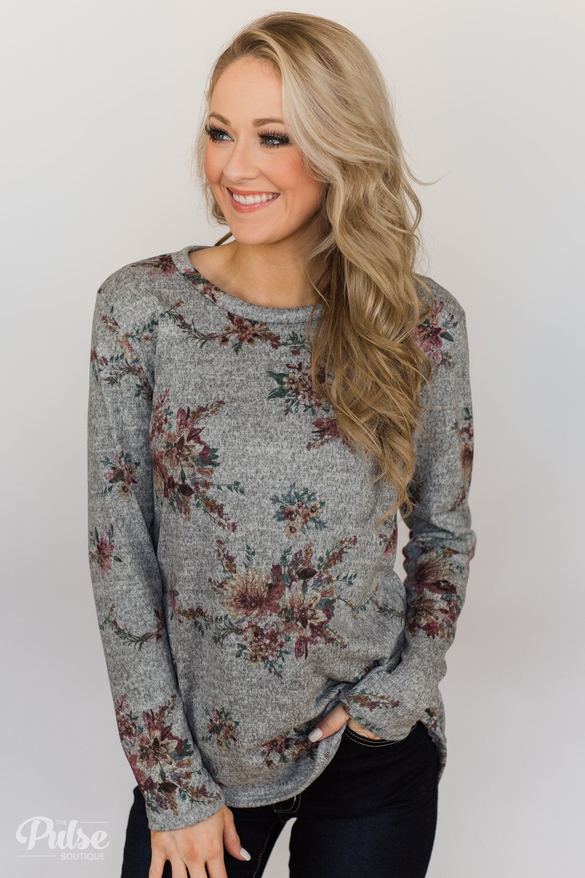 Hand Picked By You Floral Pullover Top- Heather Grey