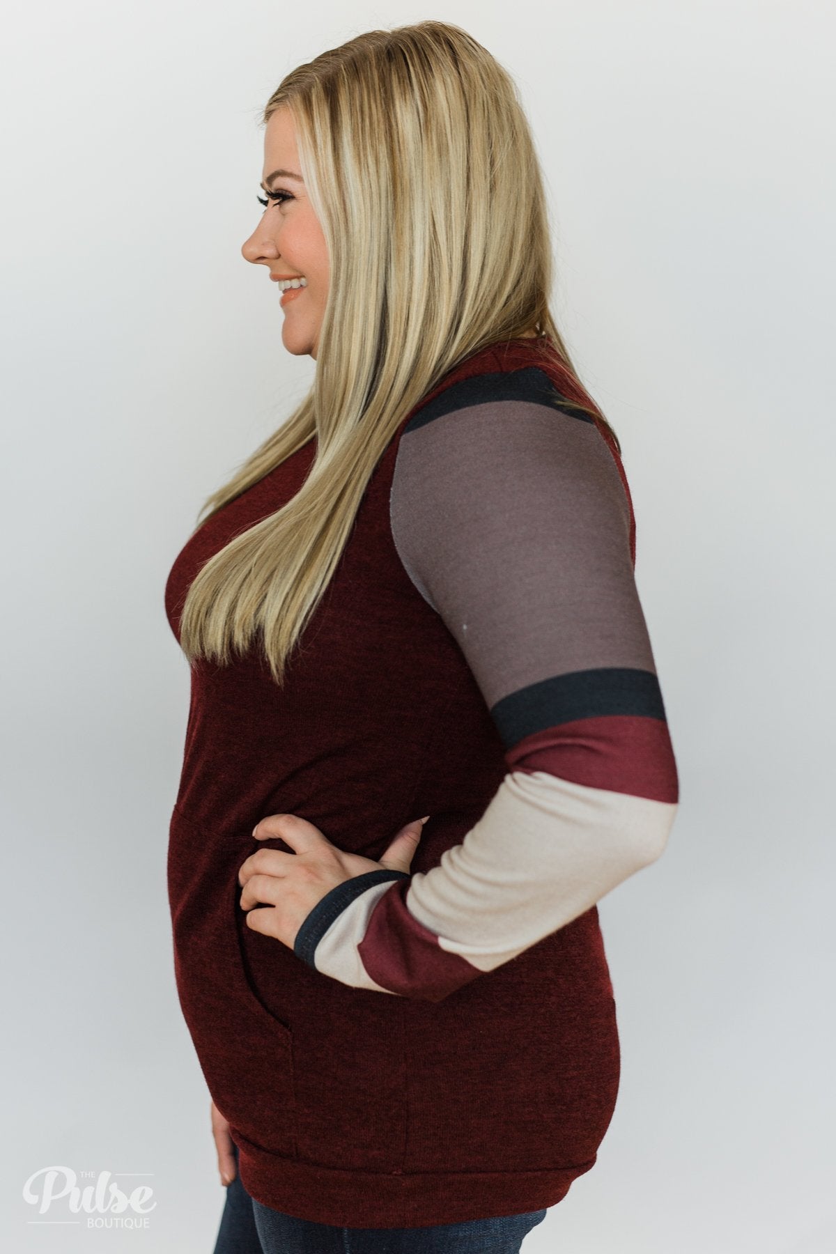 The Right Placement Color Block Sleeve Top- Maroon