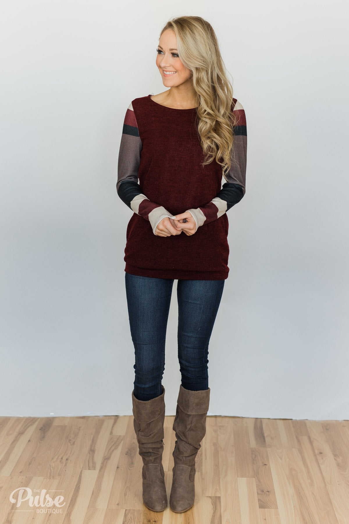 The Right Placement Color Block Sleeve Top- Maroon