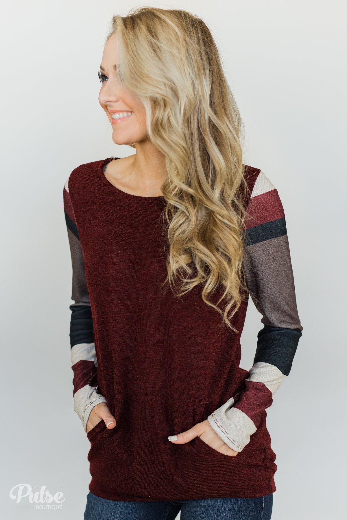 The Right Placement Color Block Sleeve Top- Maroon