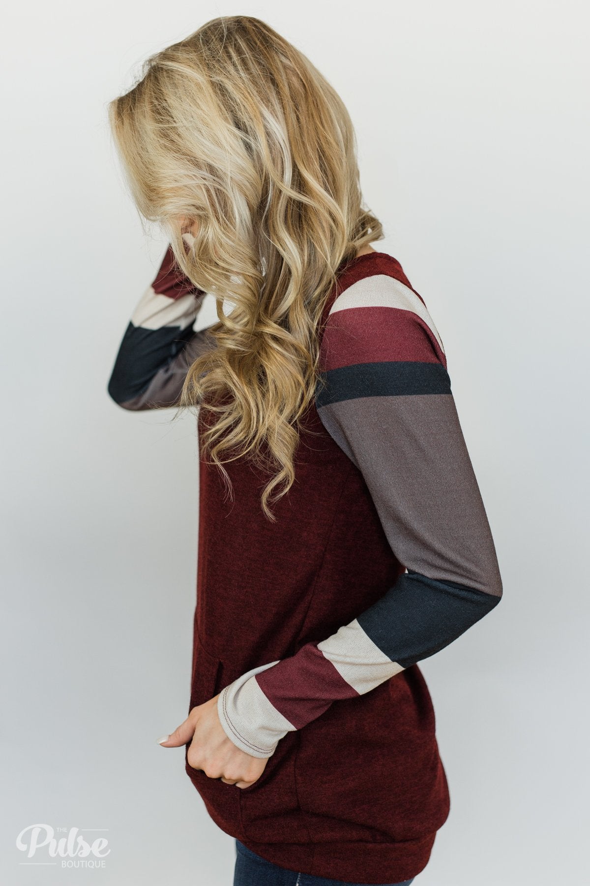 The Right Placement Color Block Sleeve Top- Maroon