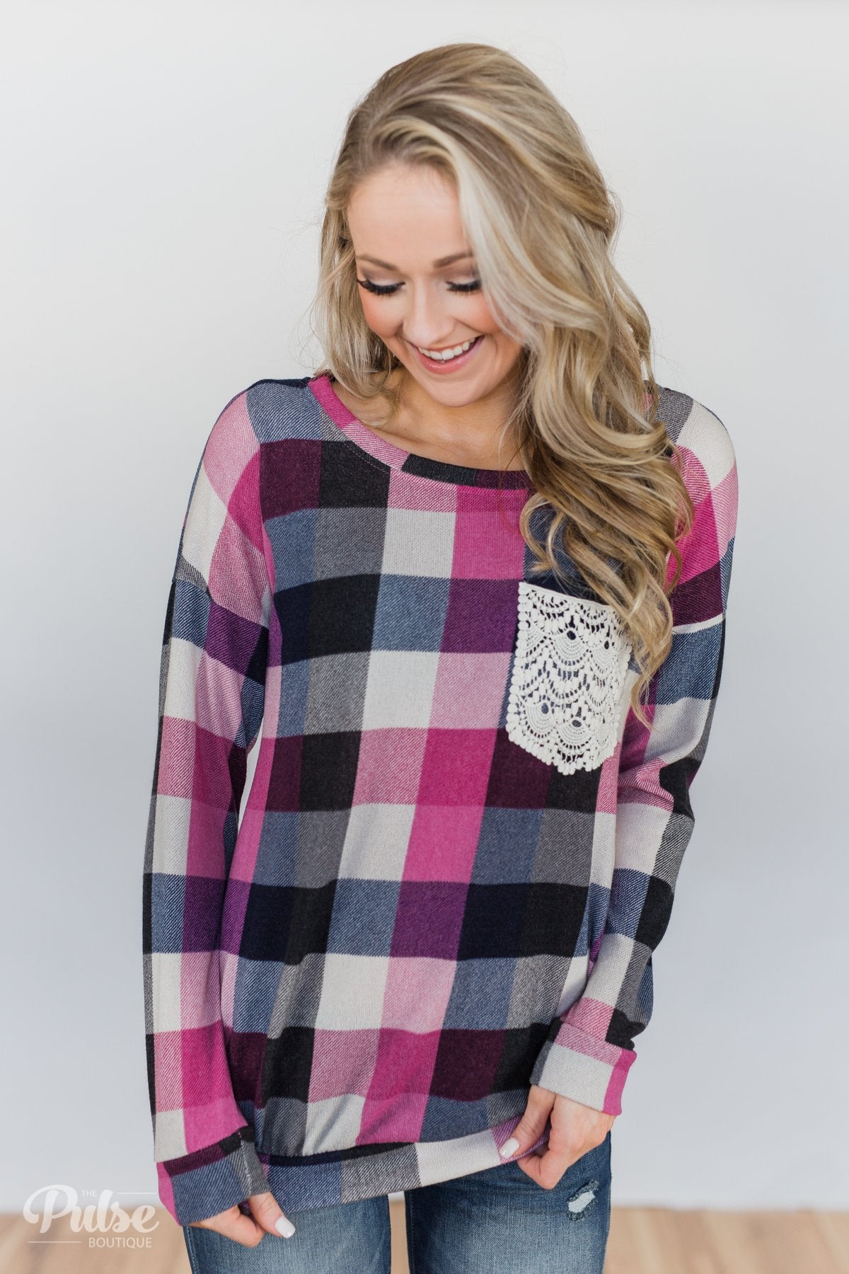 Checkered Pullover Pocket Top- Pink, Black, Navy