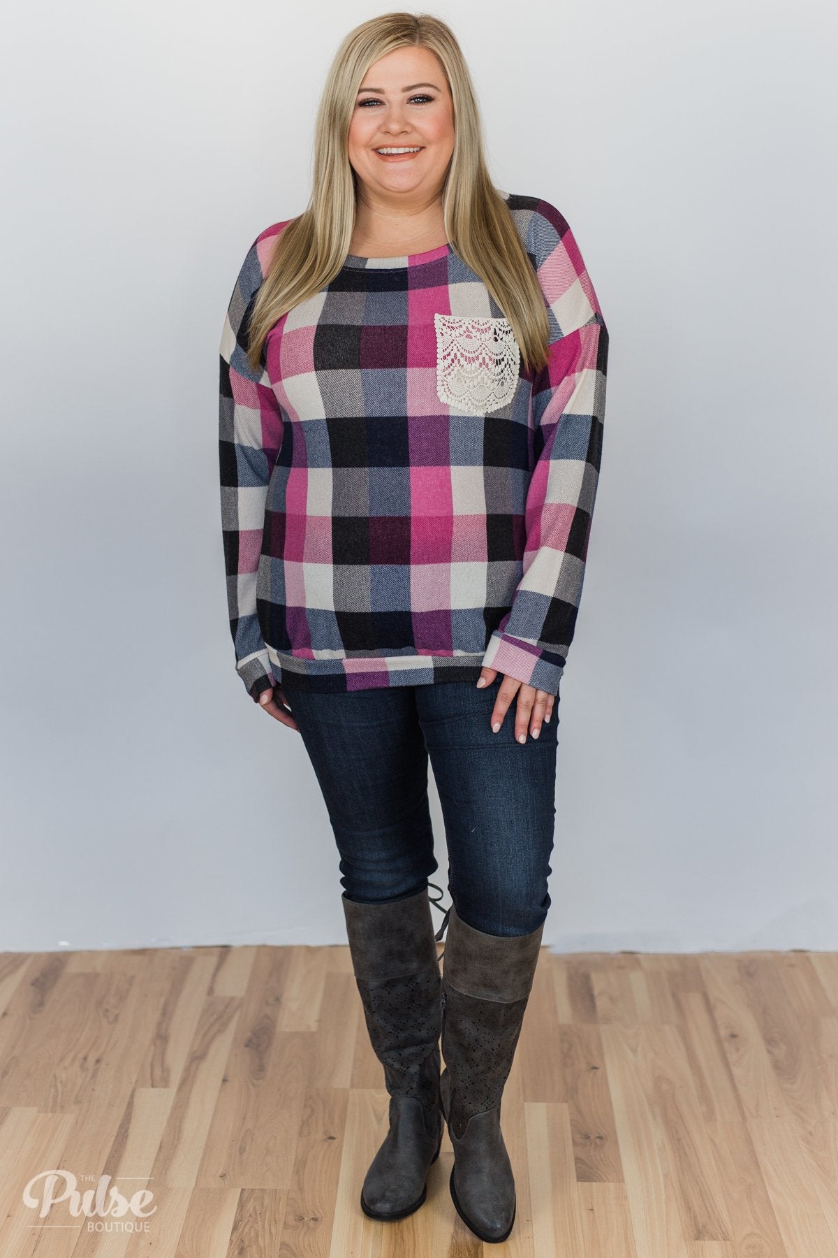 Checkered Pullover Pocket Top- Pink, Black, Navy