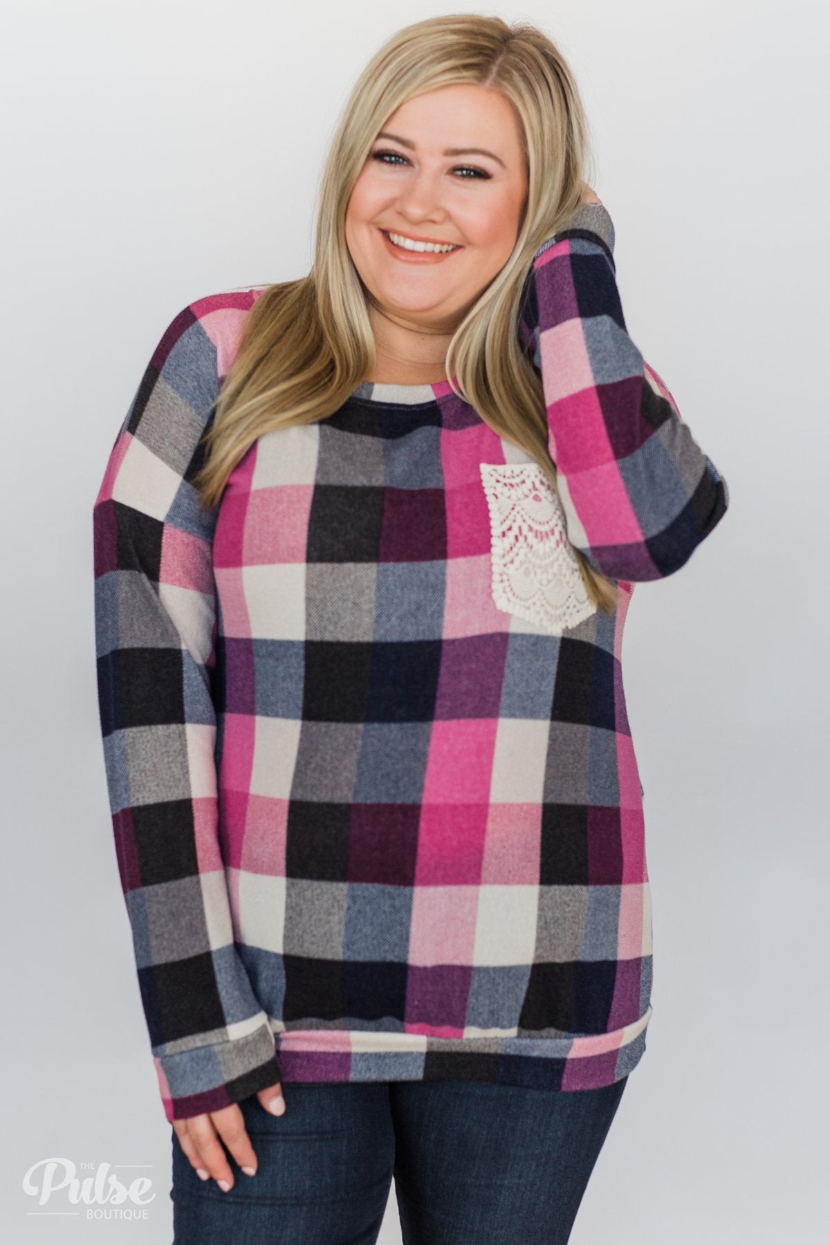 Checkered Pullover Pocket Top- Pink, Black, Navy