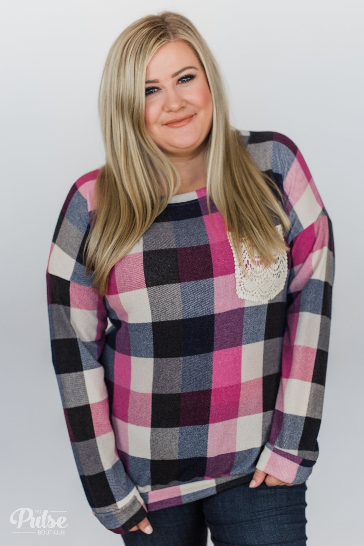 Checkered Pullover Pocket Top- Pink, Black, Navy