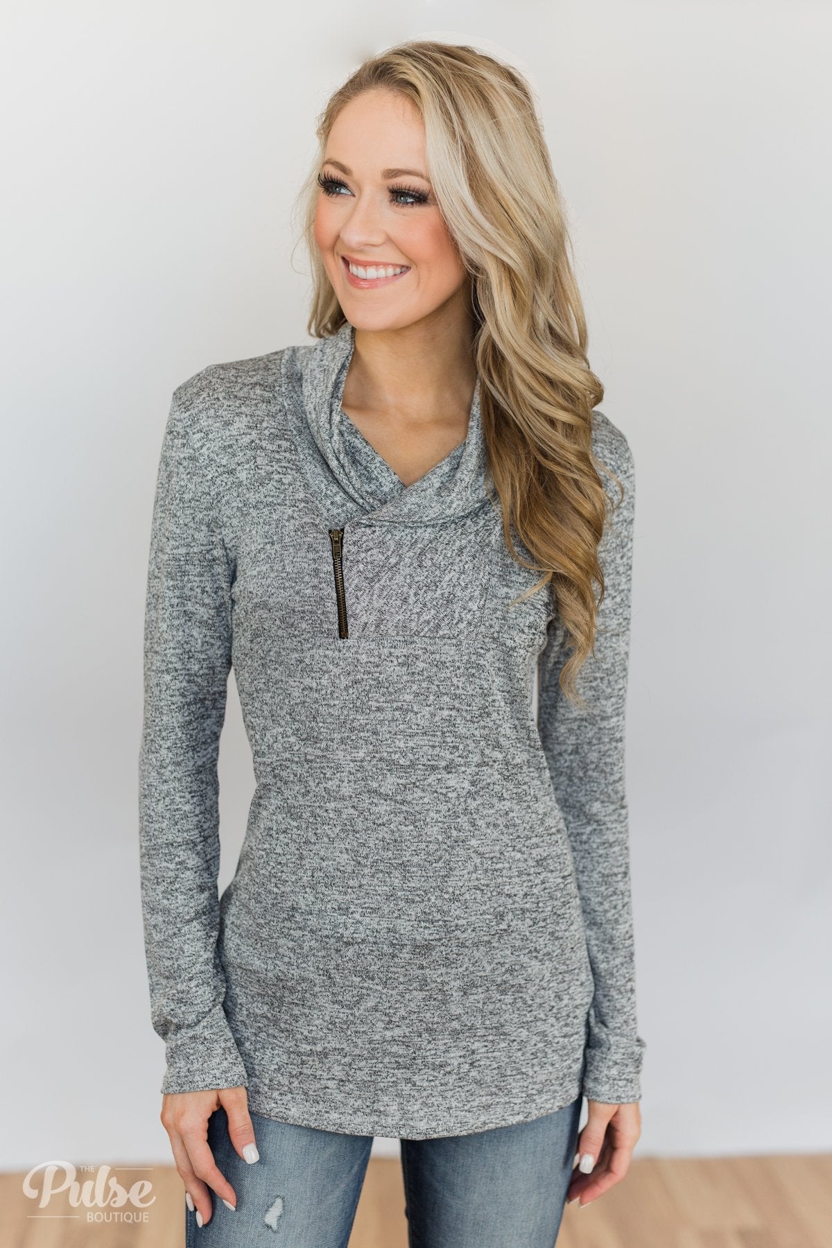 All This Time Zipper Pullover Top- Heather Grey
