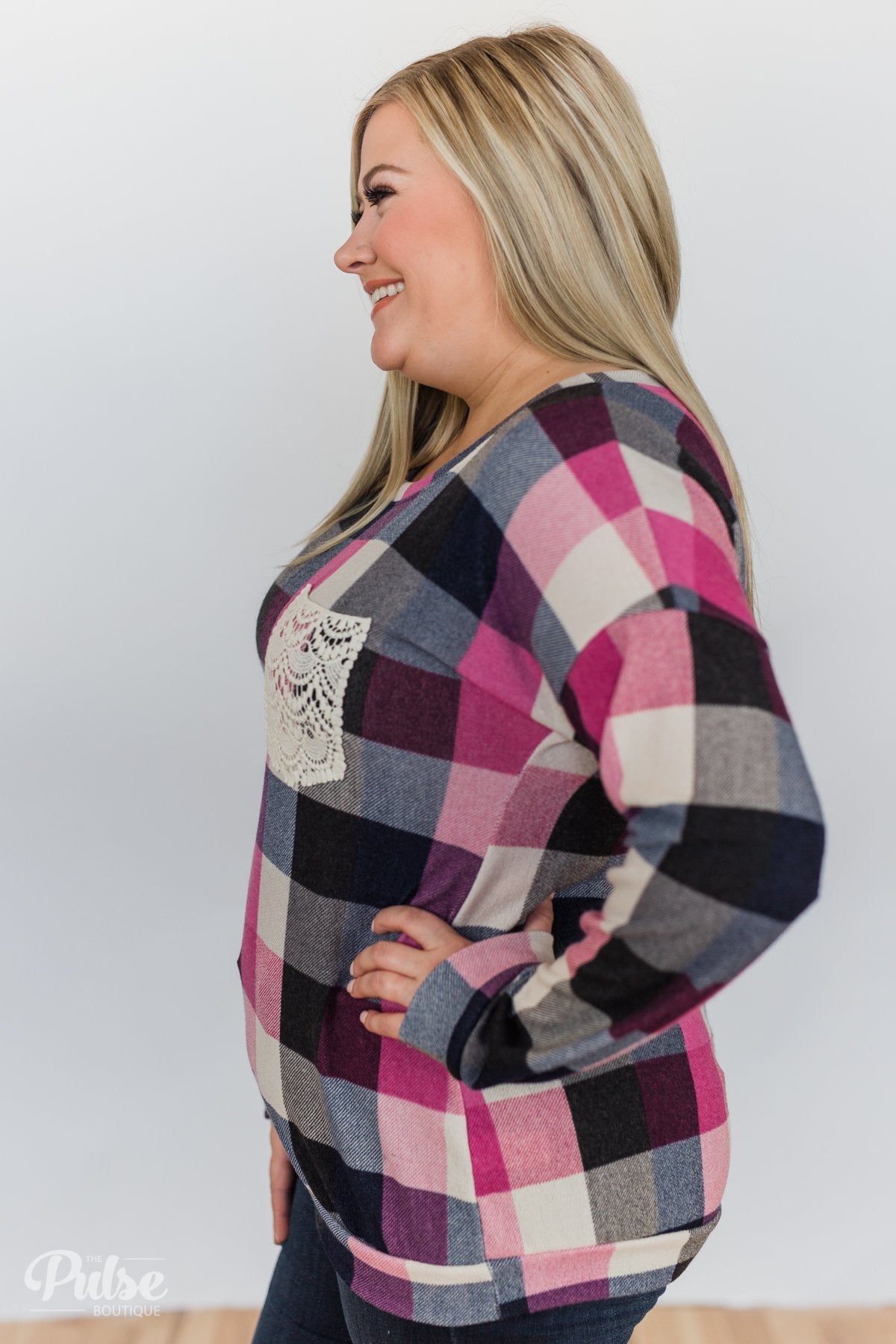 Checkered Pullover Pocket Top- Pink, Black, Navy
