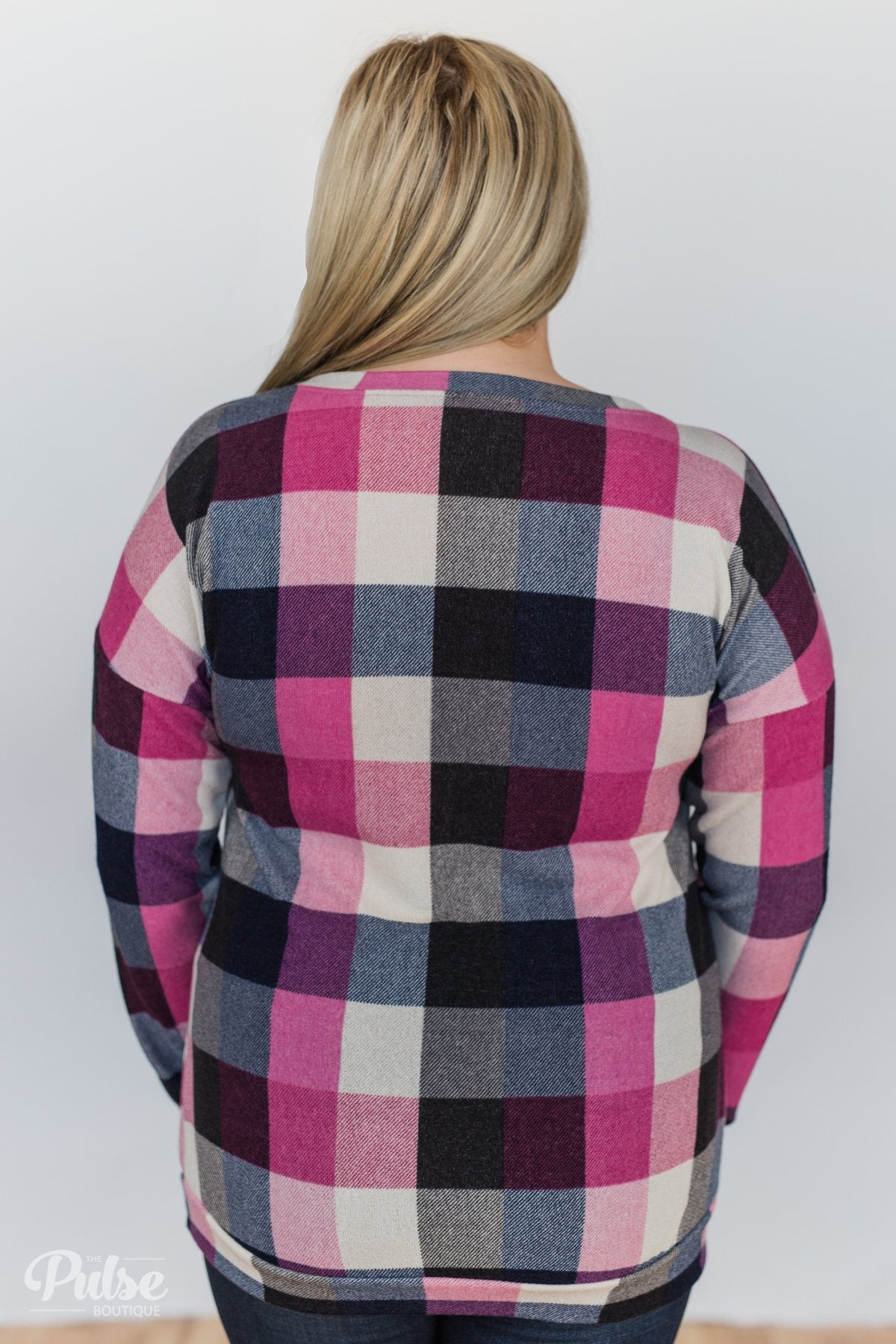 Checkered Pullover Pocket Top- Pink, Black, Navy