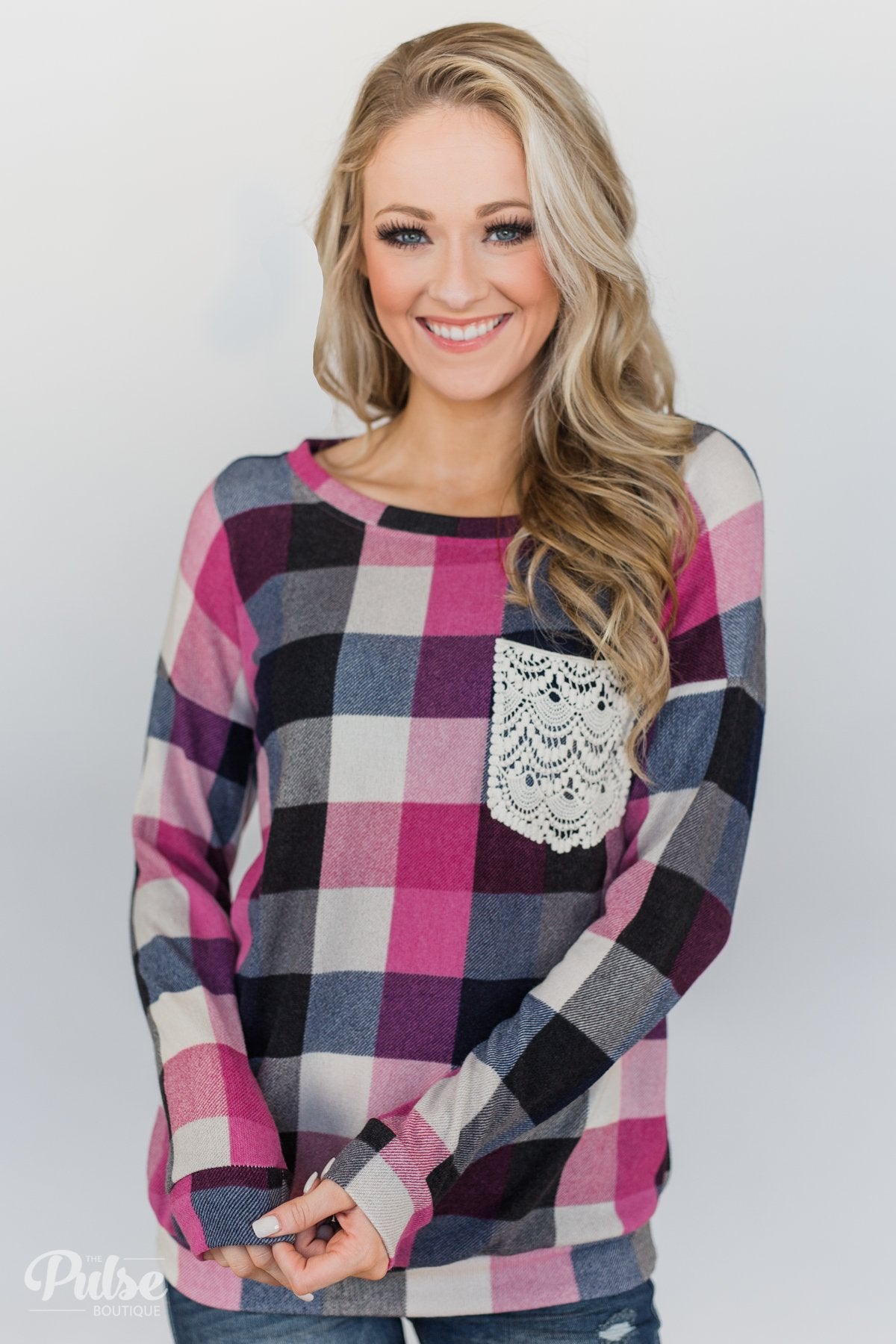Checkered Pullover Pocket Top- Pink, Black, Navy