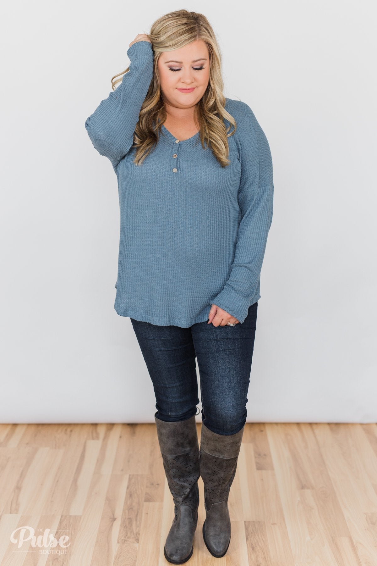 Knowing You V-Neck Thermal Top- Slate Blue