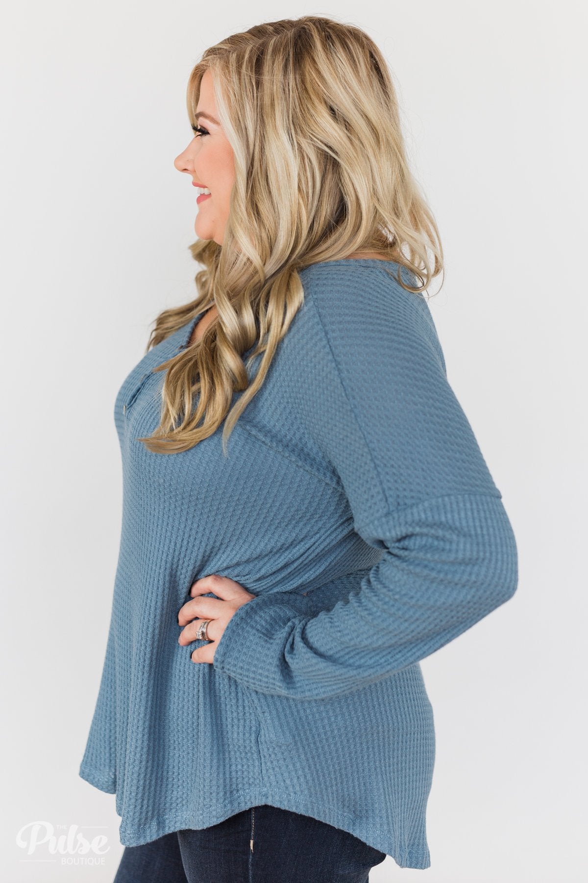 Knowing You V-Neck Thermal Top- Slate Blue