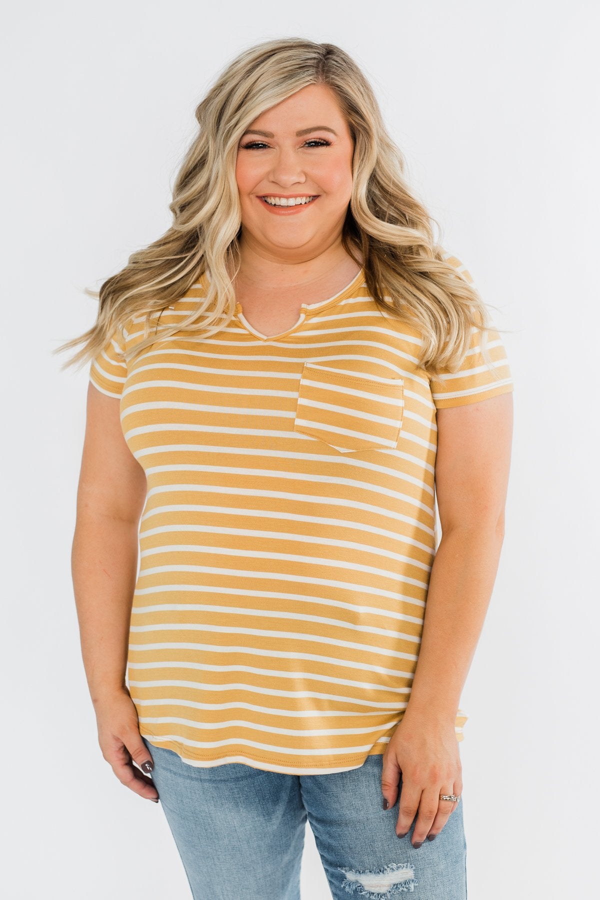 This is Me Striped Notch Pocket Top- Golden Yellow & Ivory