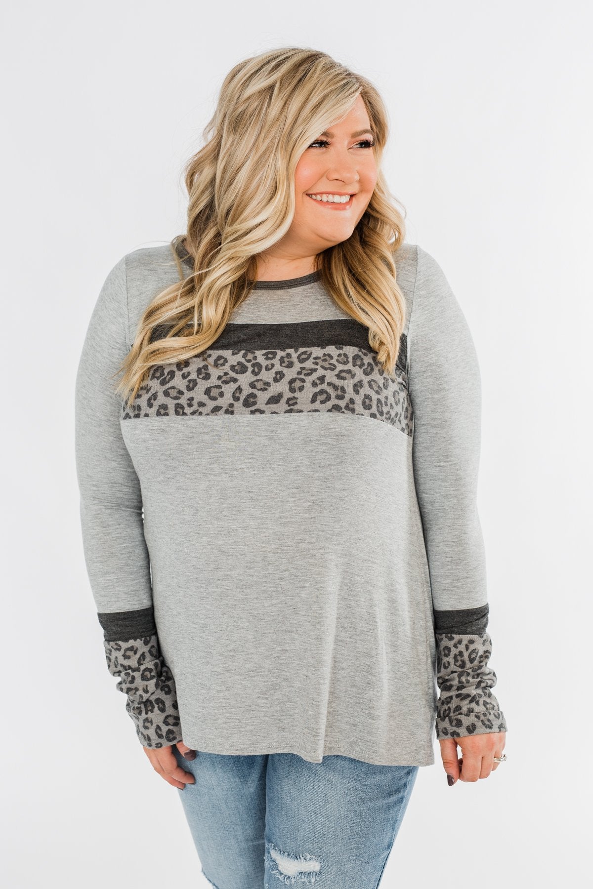 Can't Stop Smiling Long Sleeve Top- Grey