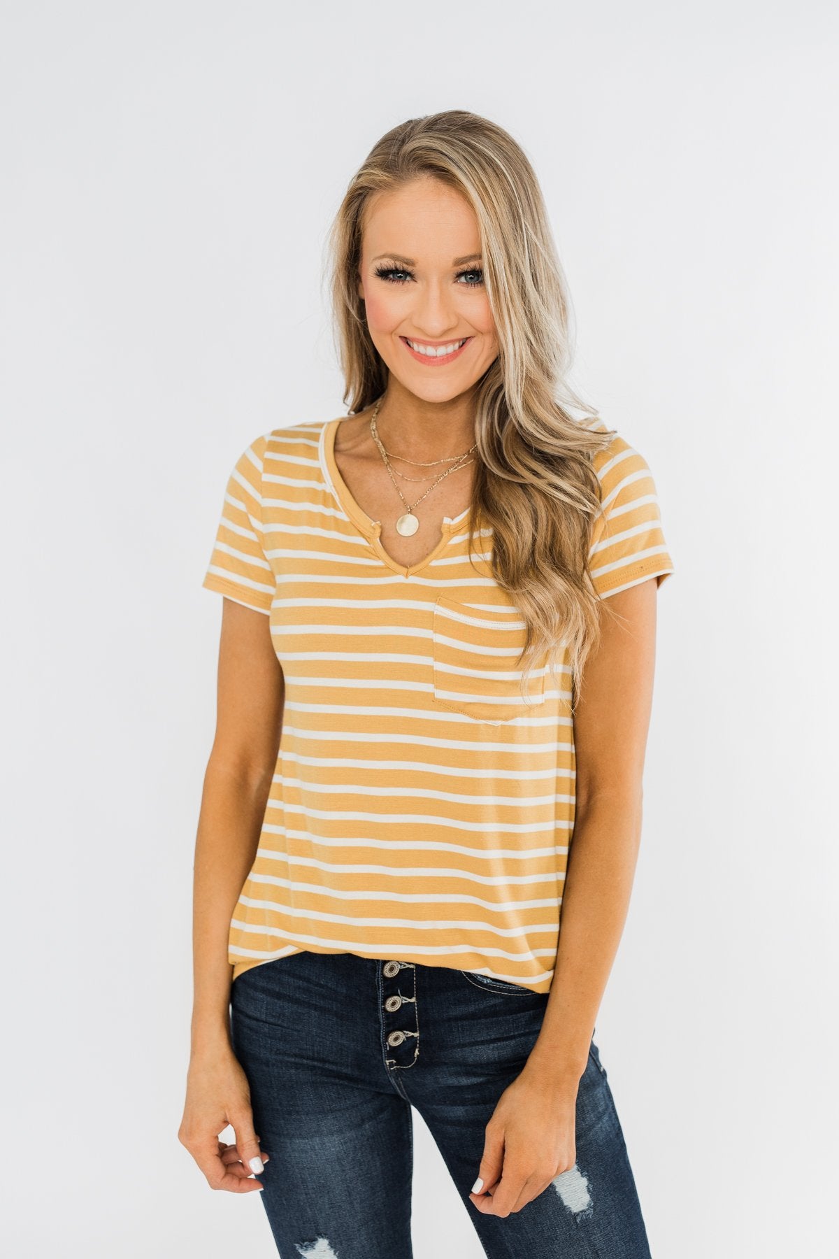 This is Me Striped Notch Pocket Top- Golden Yellow & Ivory