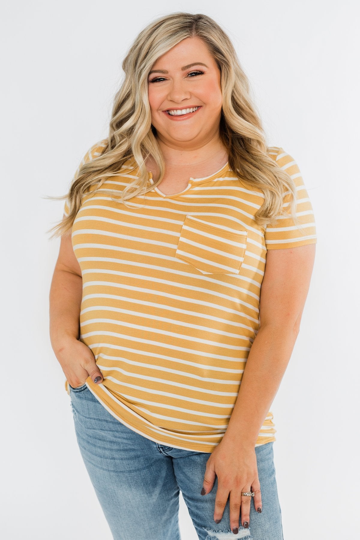 This is Me Striped Notch Pocket Top- Golden Yellow & Ivory
