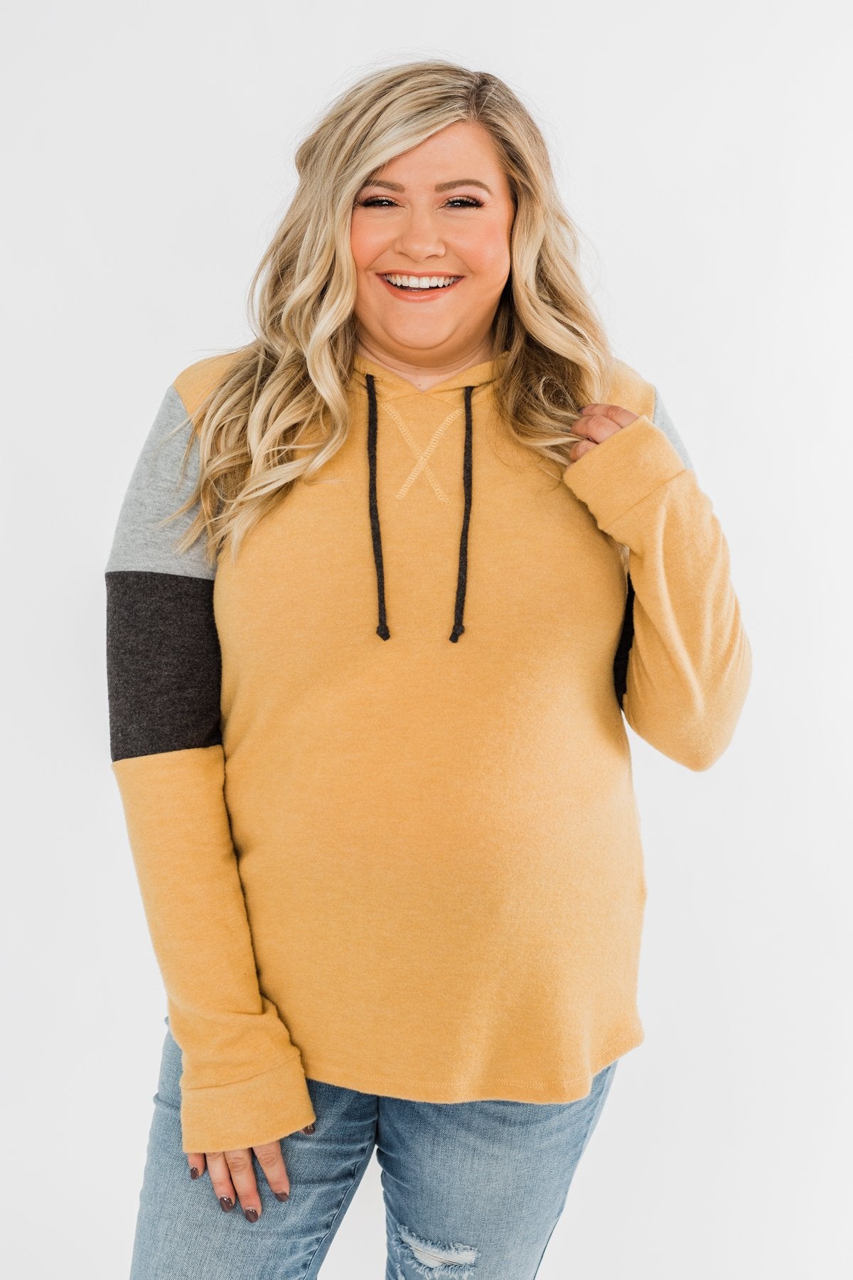 Makes Me Happy Color Block Hoodie- Mustard