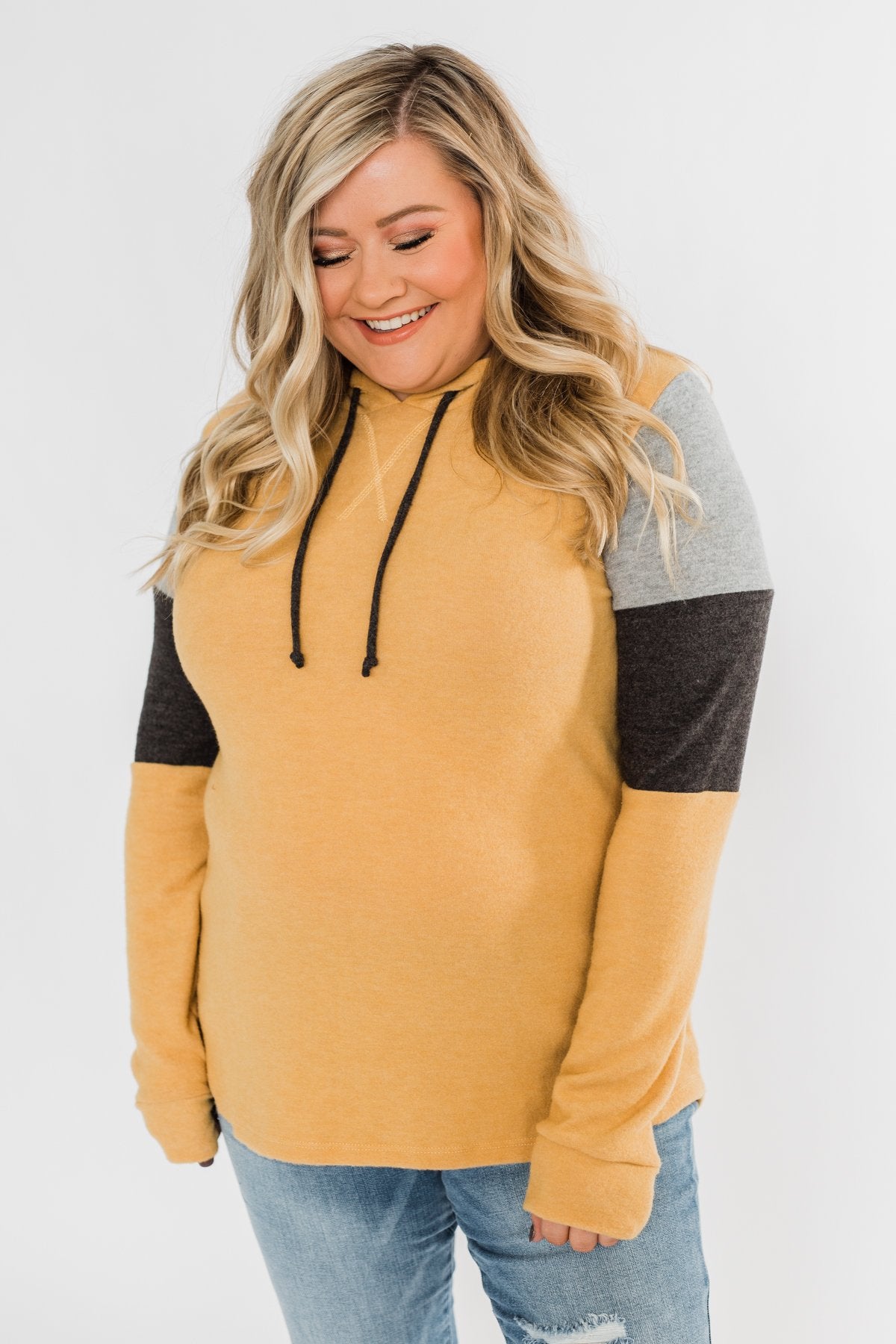 Makes Me Happy Color Block Hoodie- Mustard