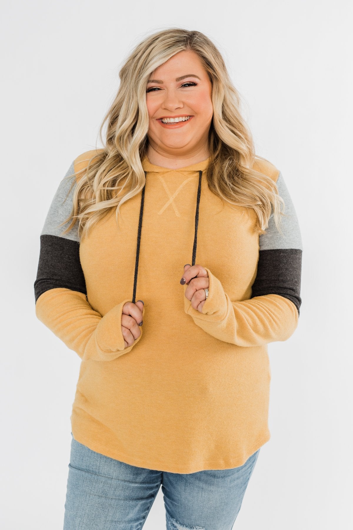 Makes Me Happy Color Block Hoodie- Mustard