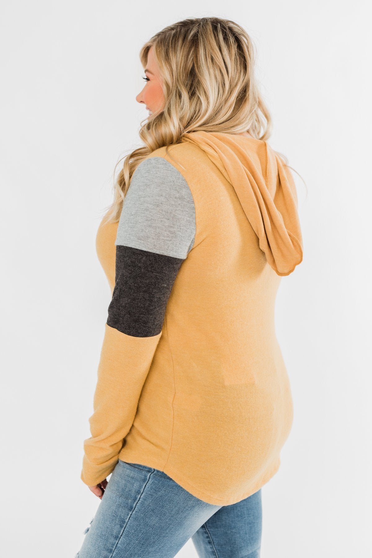 Makes Me Happy Color Block Hoodie- Mustard