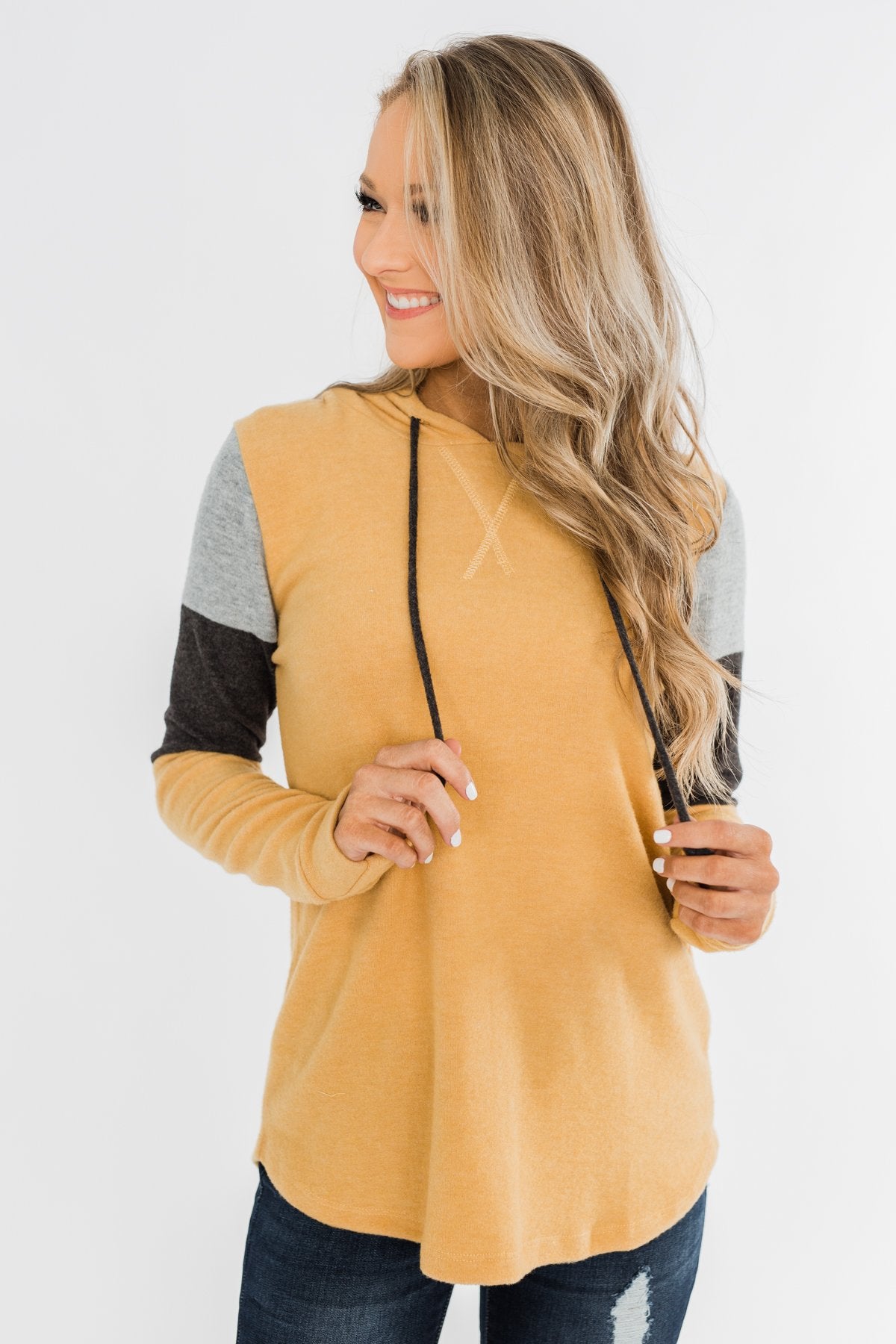 Makes Me Happy Color Block Hoodie- Mustard
