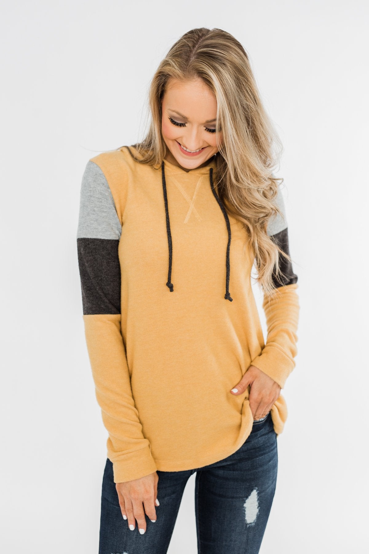 Makes Me Happy Color Block Hoodie- Mustard
