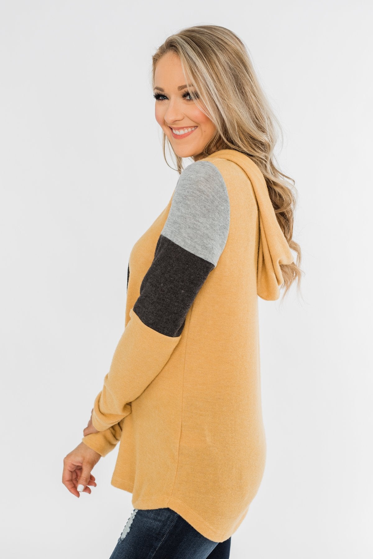 Makes Me Happy Color Block Hoodie- Mustard