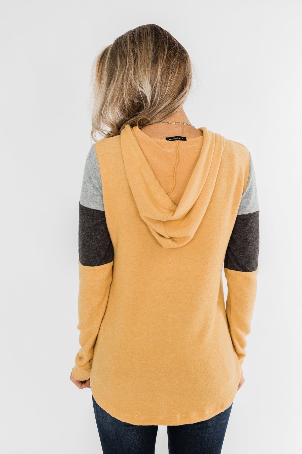 Makes Me Happy Color Block Hoodie- Mustard